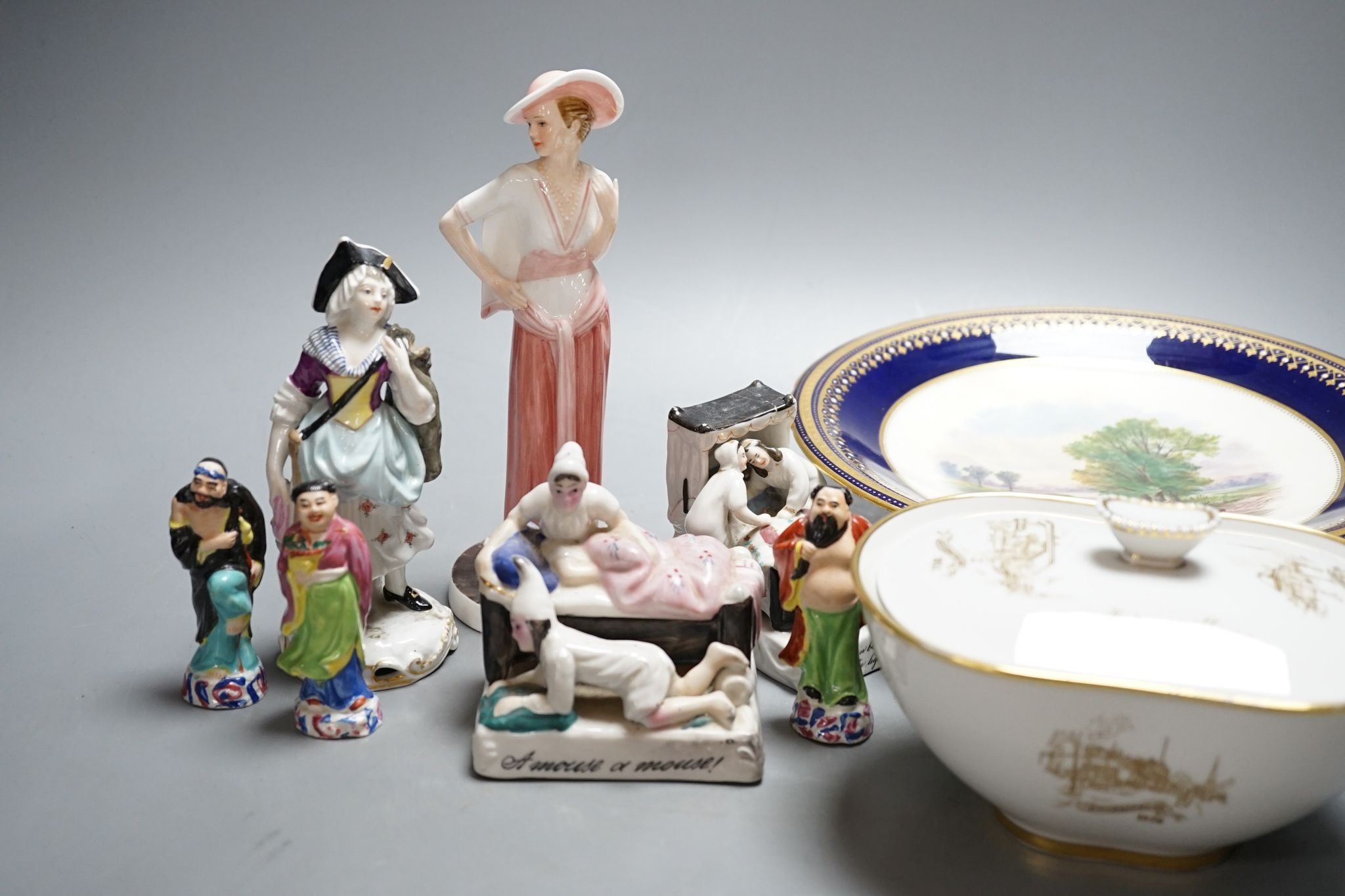 A set of twelve Chinese miniature porcelain figures, tallest 8cm, other ceramic figures, etc.